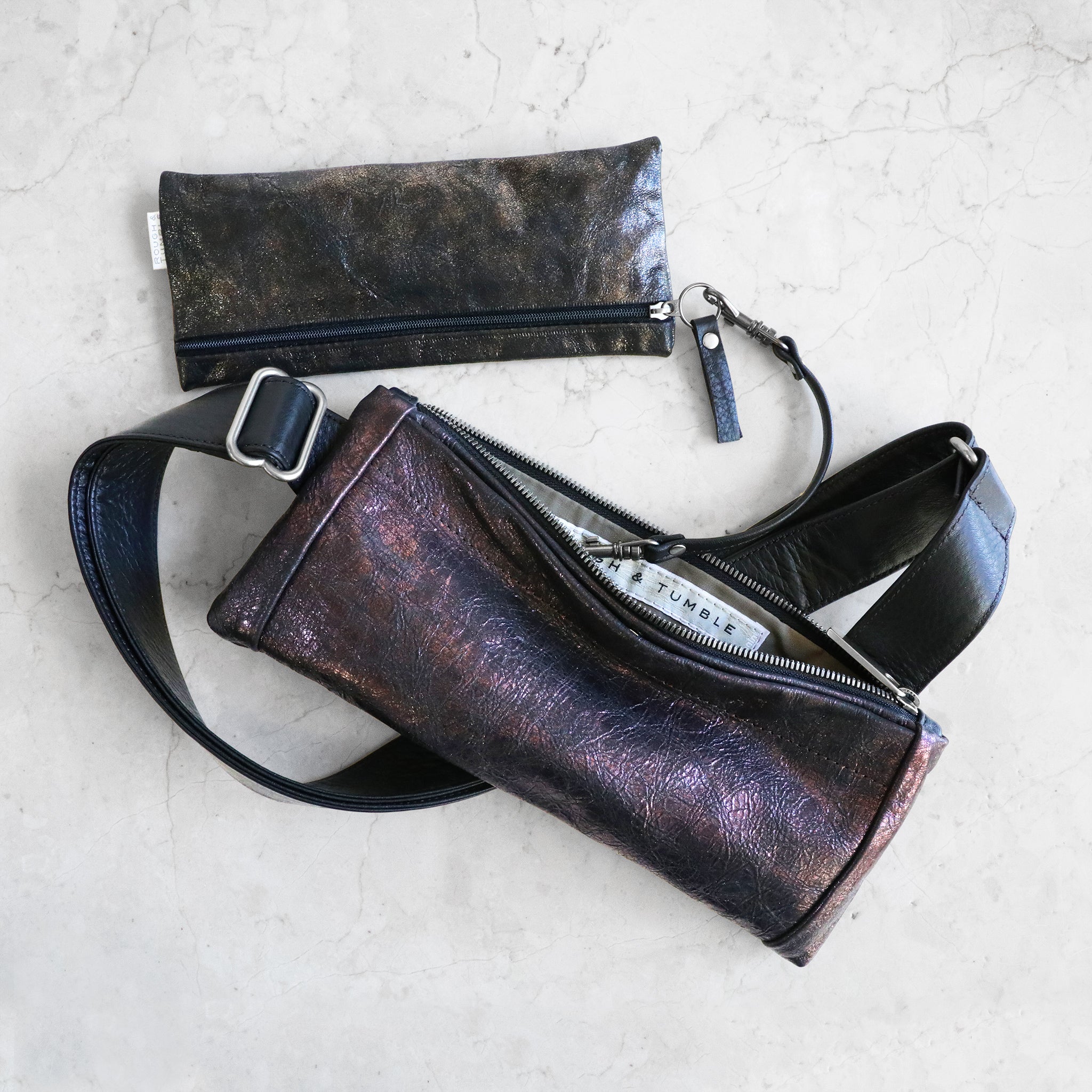 district slip in mica bronze and black with district sling in mica amethyst and black