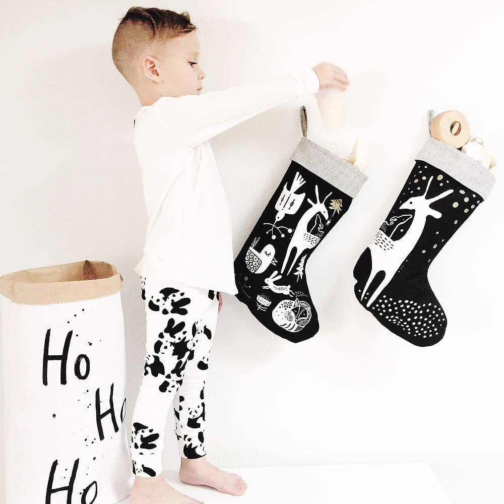 organic holiday stocking winter animals boy hanging