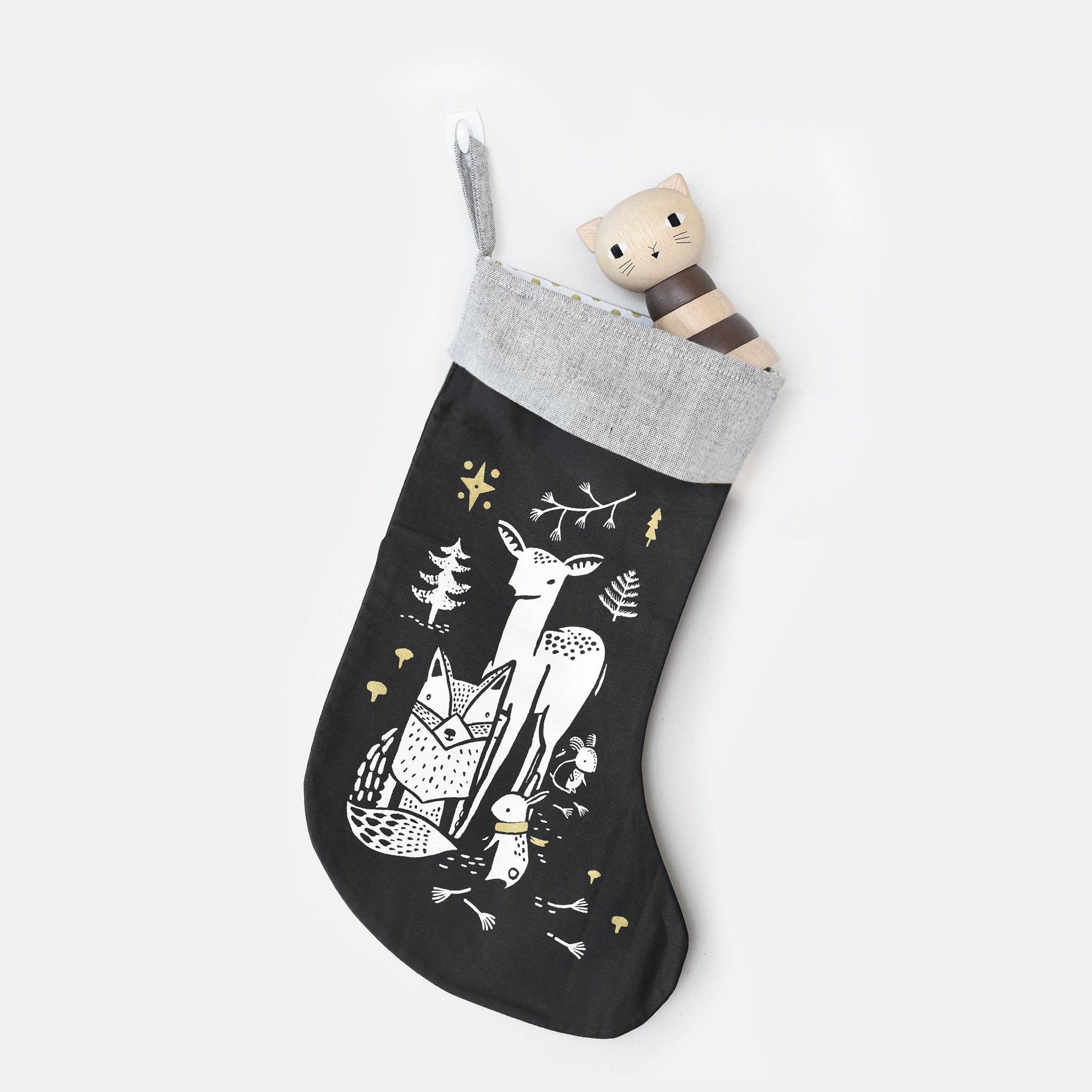 organic holiday stocking deer and friends with toys