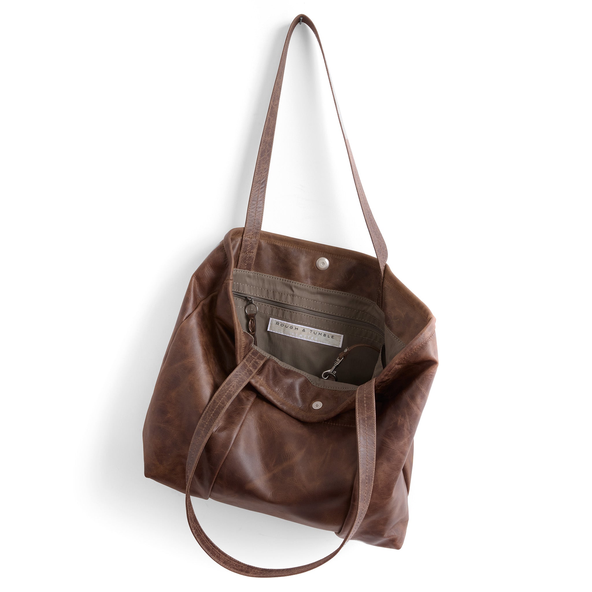 asher size large in rustic pecan, showcasing essex interior lining and zippered pocket