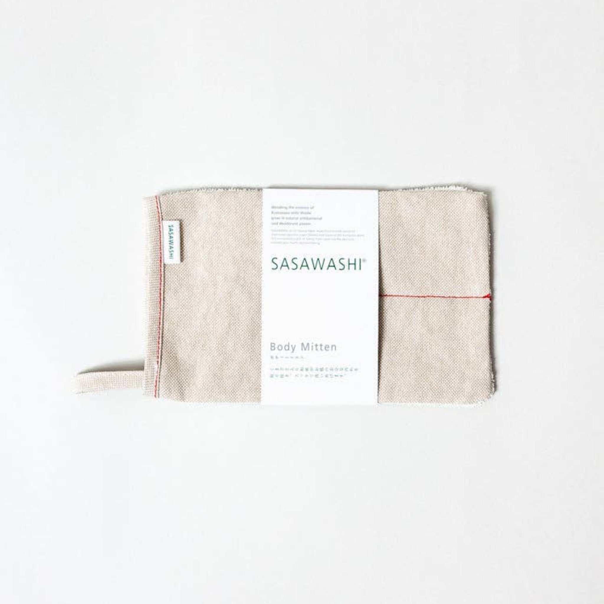 sasawashi body scrub mitt with label