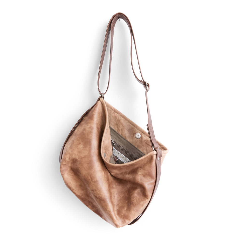 boho E+W in distressed fawn and vintage brown with attached narrow adjustable strap interior shows essex lining