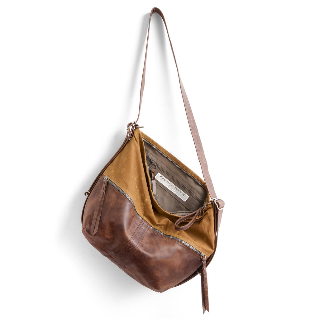 City safari DZ medium in whiskey waxed canvas and rustic pecan with a vintage brown strap interior shows essex textile