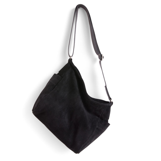 black suede + black | bucket crossbody in black suede and black