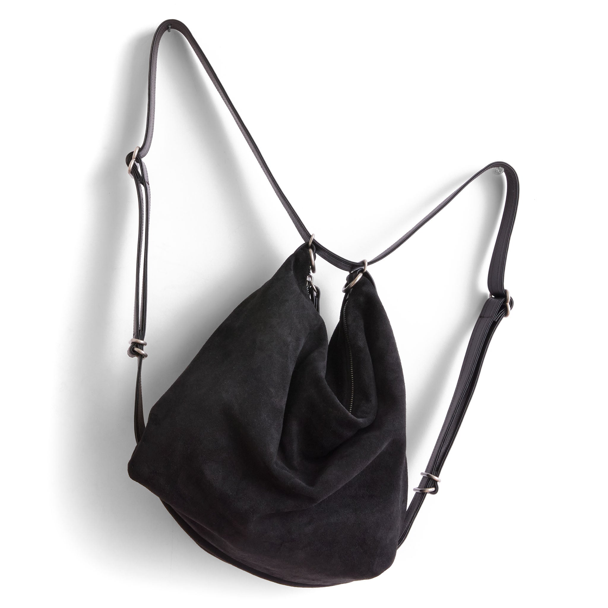 hobo large in black suede, showcasing backpack strap setting