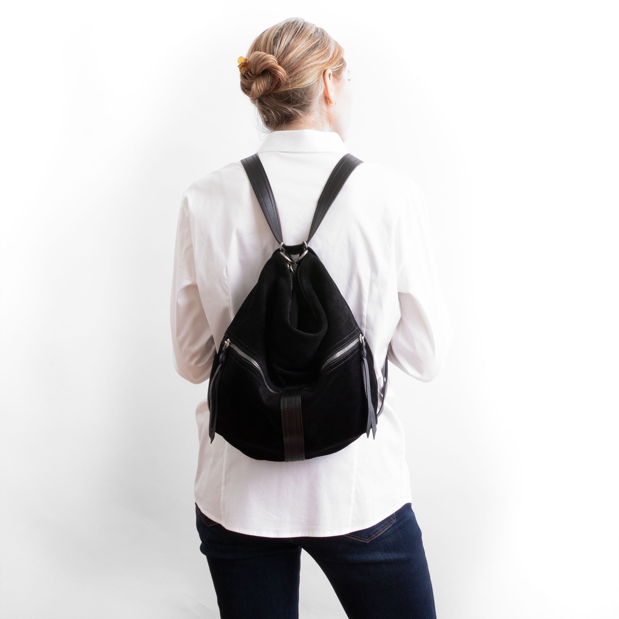 city safari size medium in black suede, worn as backpack