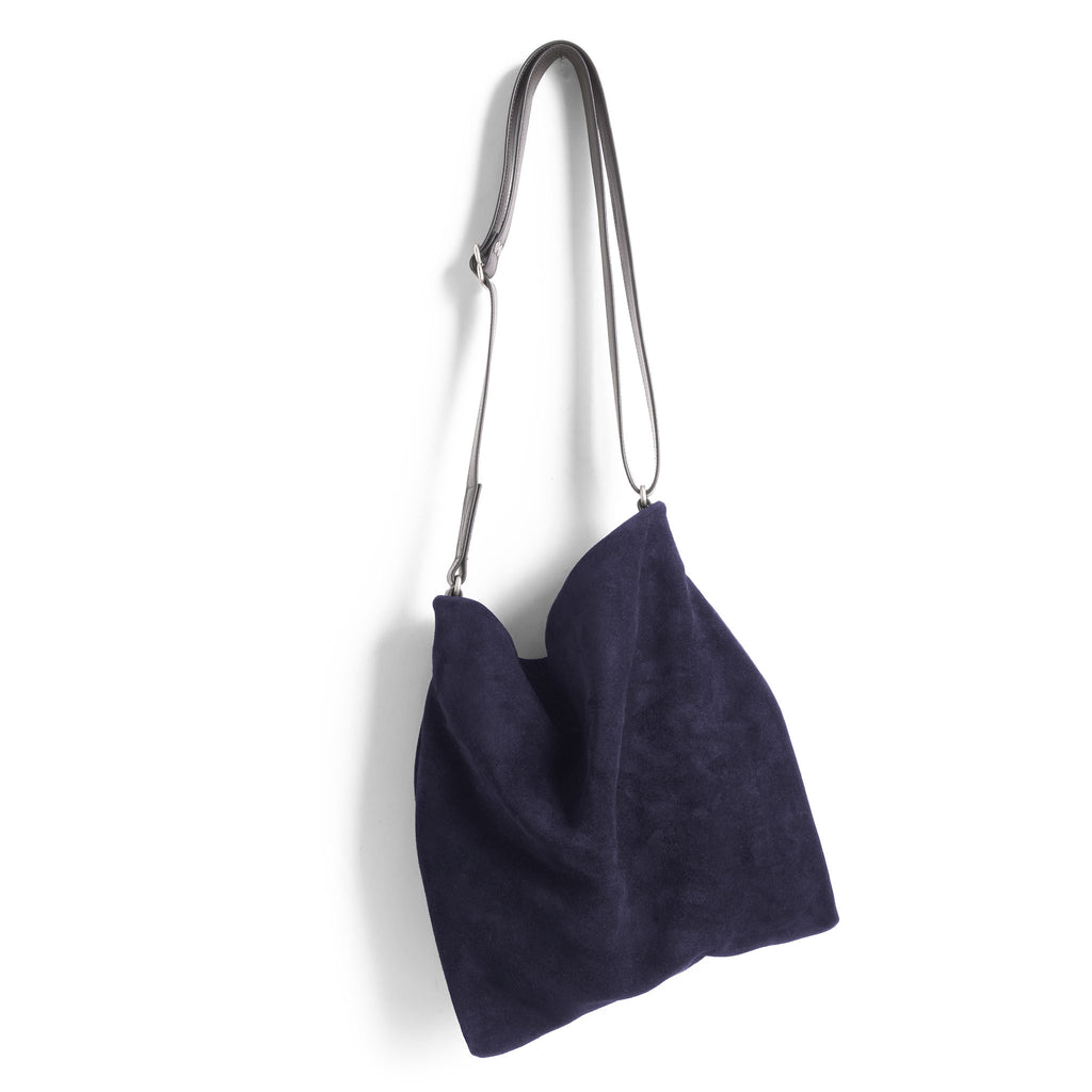 olivia small in parisian blue suede and falcon with 1 inch attached adjustable strap 