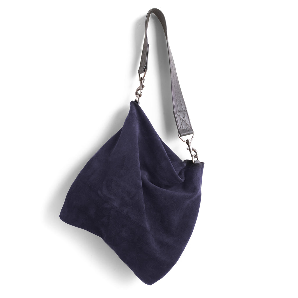 olivia small in parisian blue suede and falcon with clip on wide strap 