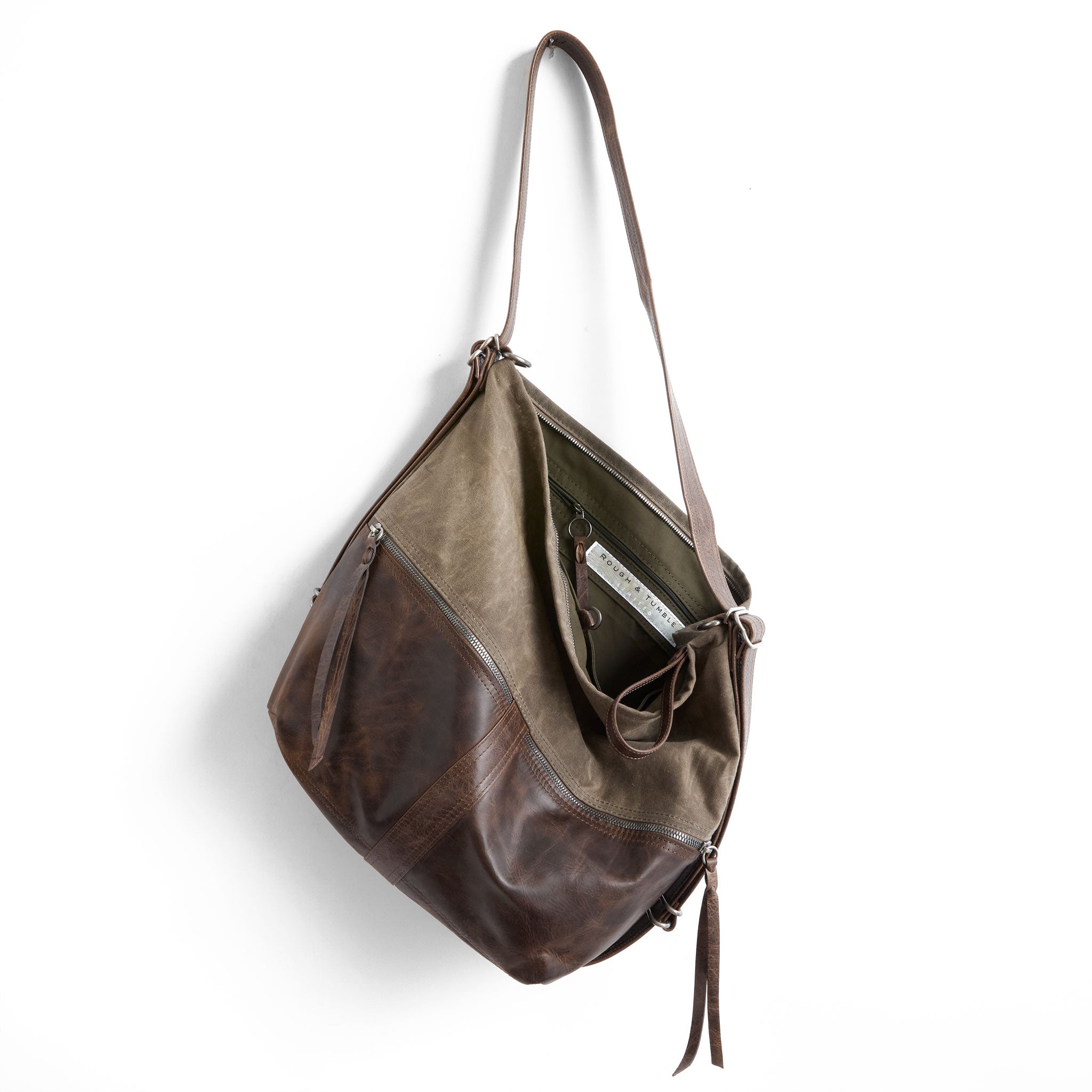 city safari size large in rustic pecan and dark oak waxed canvas, showcasing interior kelp lining