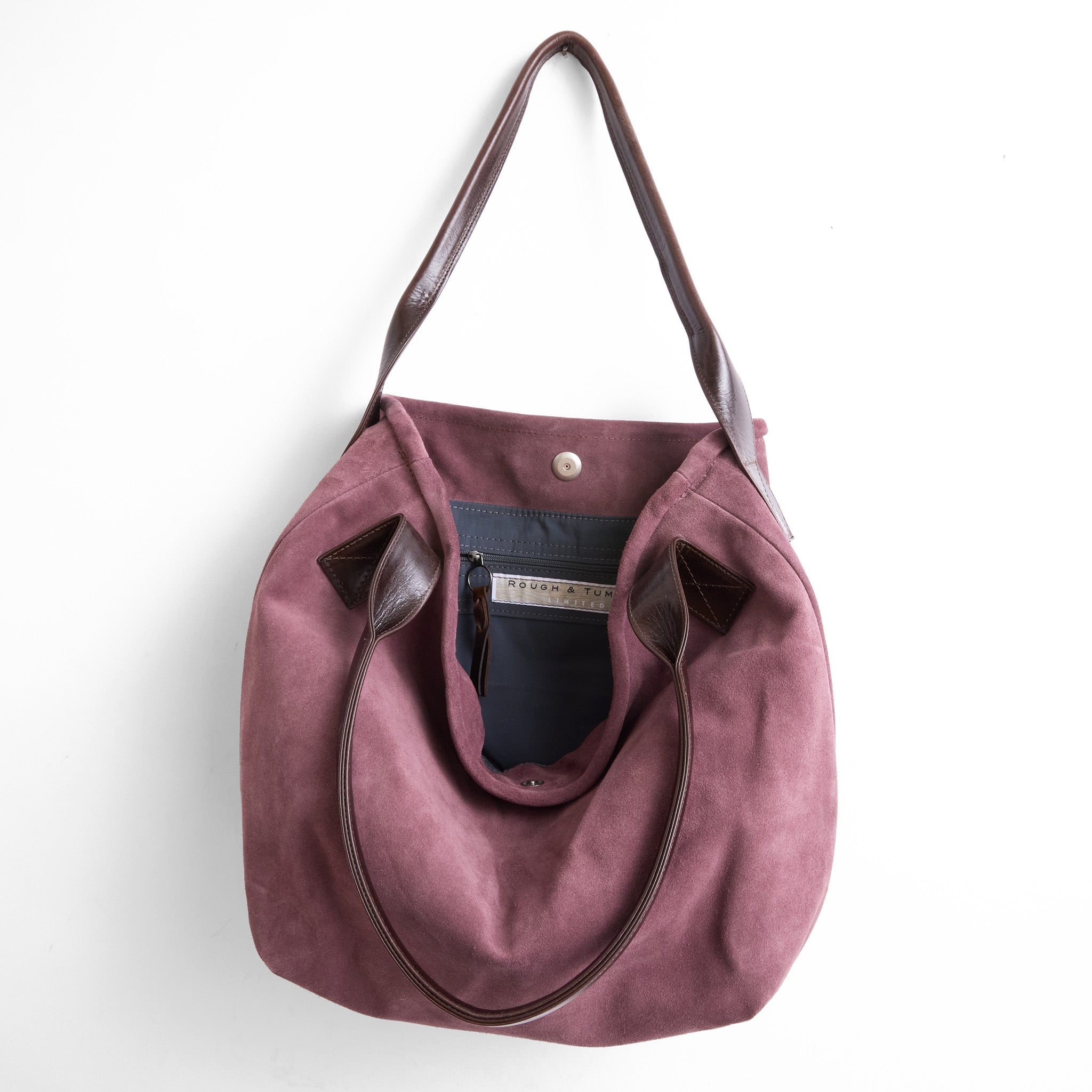 tyler size large in shallot suede with mahogany straps, showcasing petrol lining