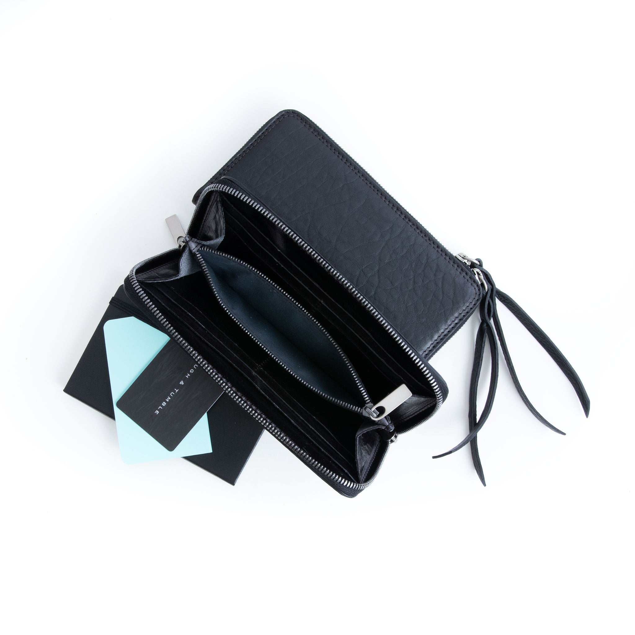 wallet in matte black pebble showcasing interior compartments