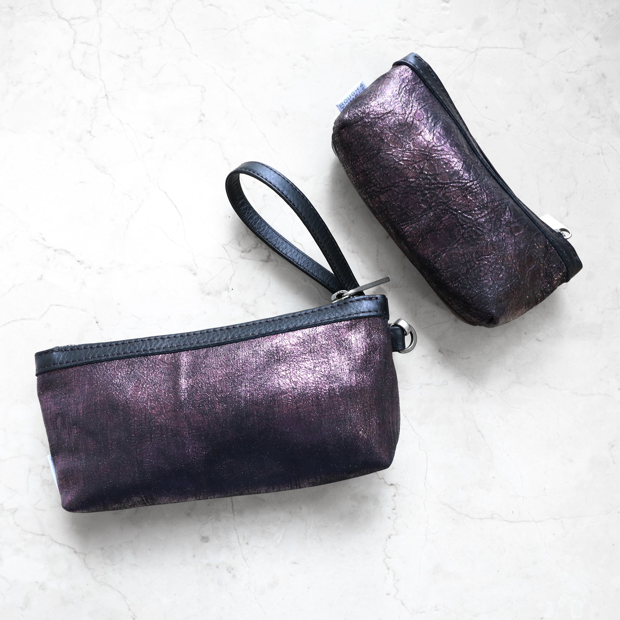 zip pouch with top stripe small with medium in mica amethyst and black