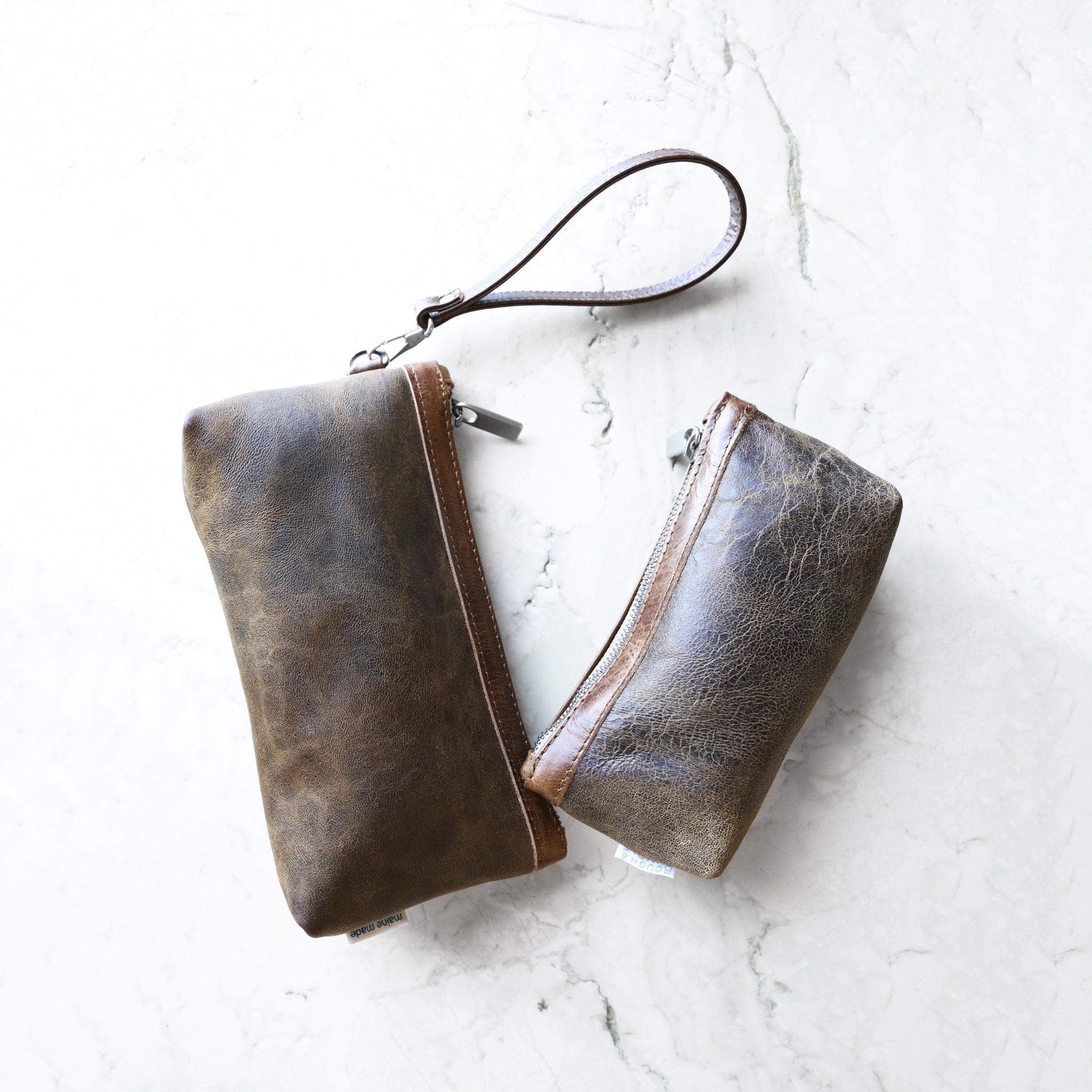 medium and small zip pouches in dingo + vintage brown